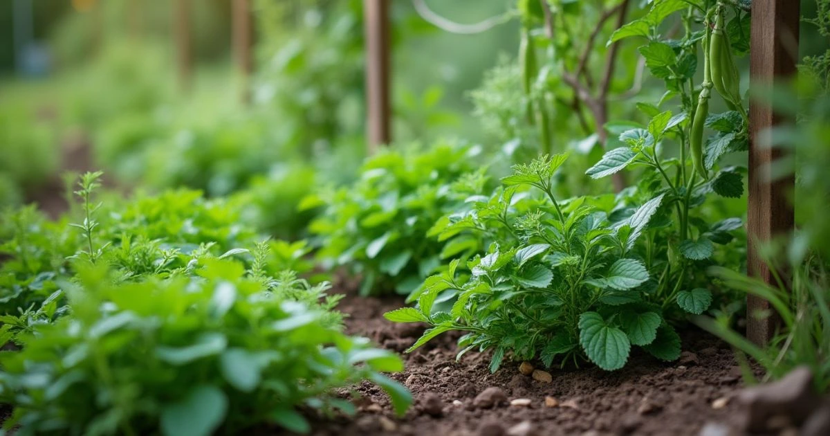 Herbs (Mint, Dill) and peas companion planting