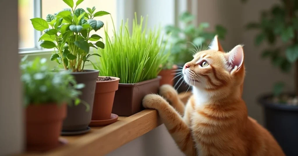 indoor herb garden and cats